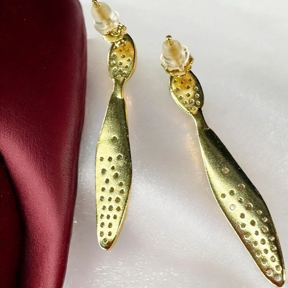 NEW Elegant Brushed Gold-Plated Sterling Silver Crystal Encrusted Drop Earrings